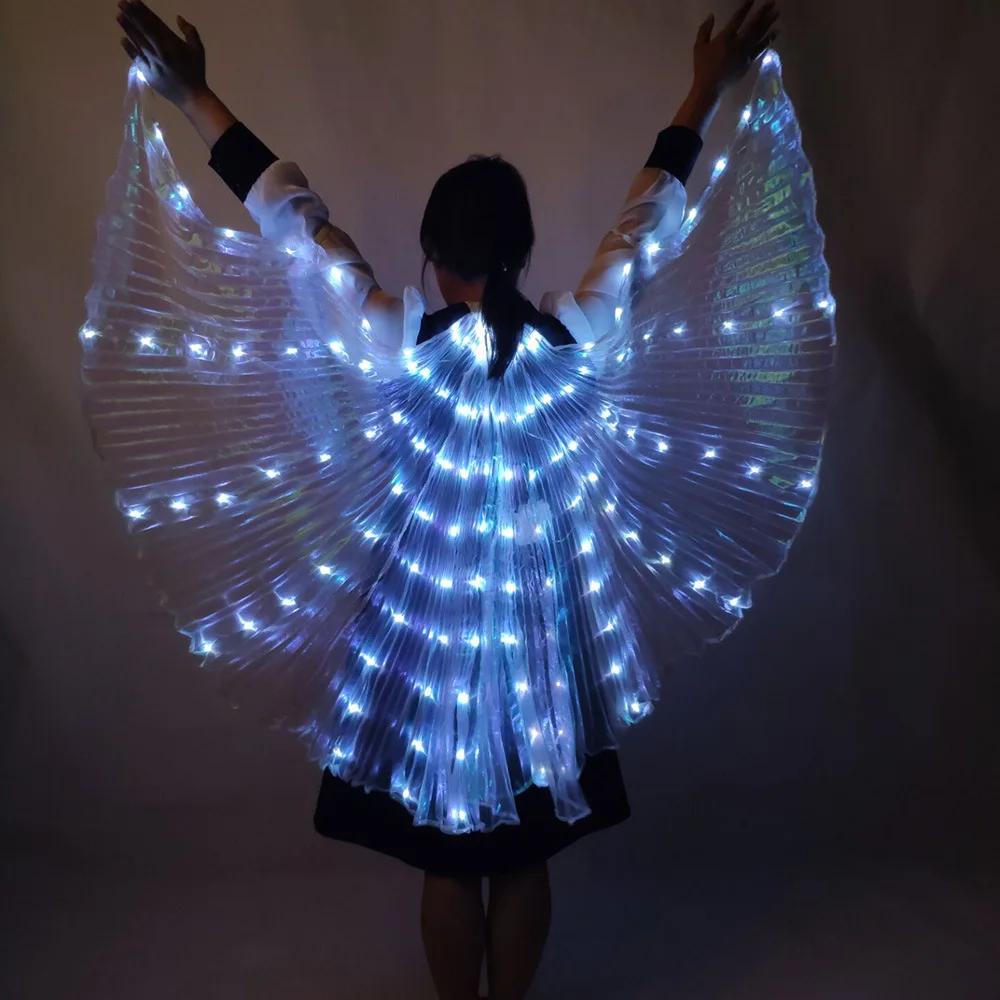 Capa luminosa de led, pano transparente branco, gancho à mão, fluorescente, adereços de dança do ventre, realizando asas de led para adultos