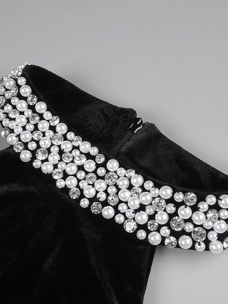 VC nuevo estilo sin mangas negro cristal perla recortado vestido de cuello redondo elegante vestido de verano para la noche de cita