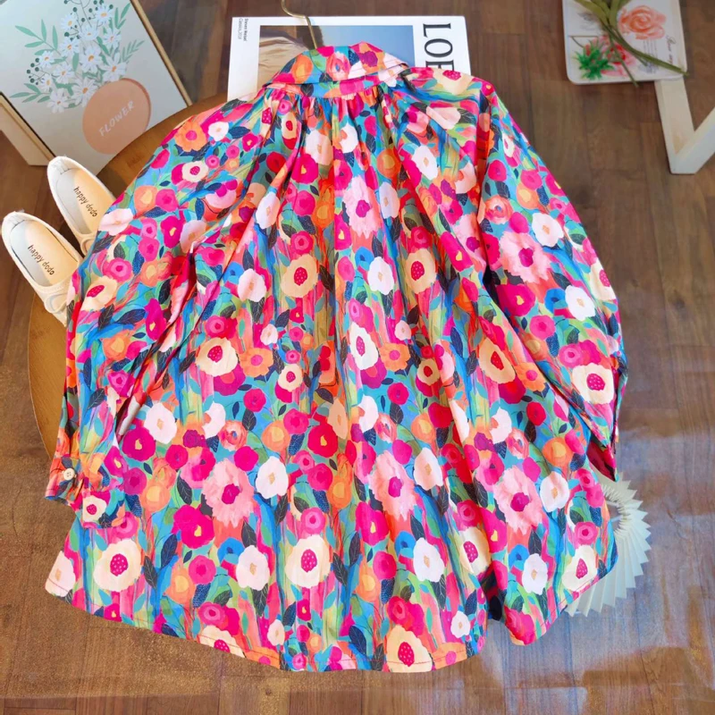 Spring Autumn New Girls Princess Dress Full Print Flowers Long Sleeve Lapel Collar Dress For 2-8 Years Girls Casual Shirt Skirt