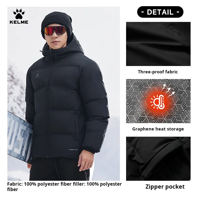 Kelme Sports Cotton Jacket Men\'s Winter 2024 New Style Bread Jacket Hooded Windproof Jacket Thickened Warm Cotton Jacket