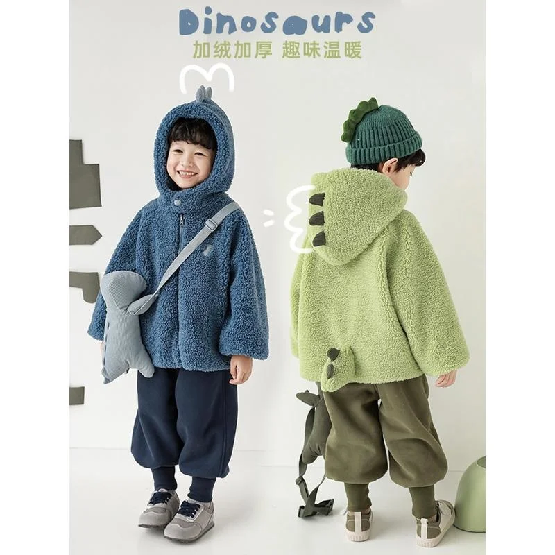 Children's cashmere coat for boys and girls, warm winter coat with cashmere, hooded double faced velvet dinosaur sweater