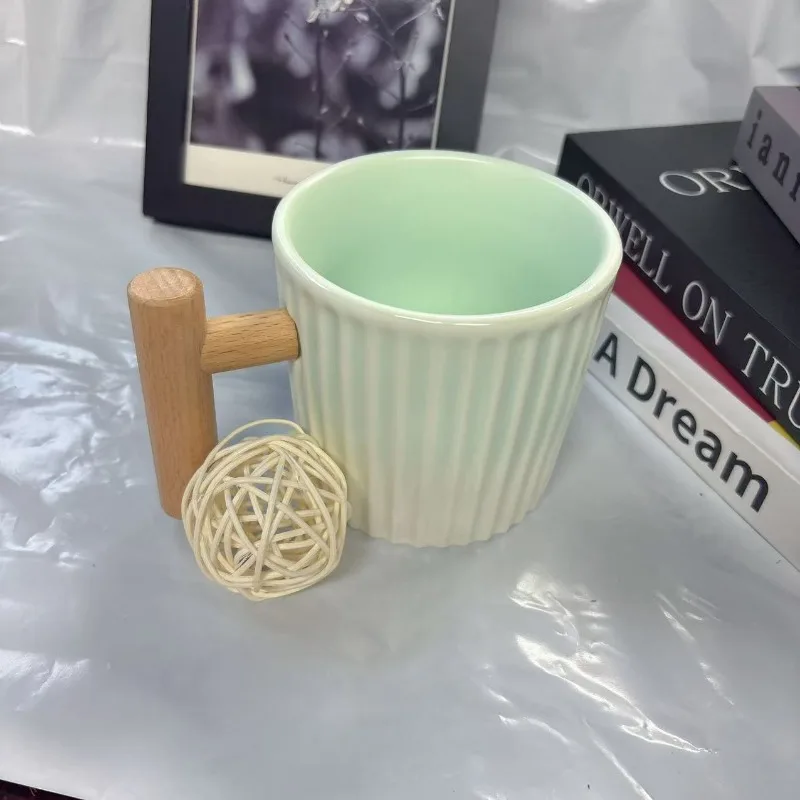 

450ml Starbucks Mint Green Mug with Wood Handle, Food-Safe Ribbed Ceramic Cup for Daily Use