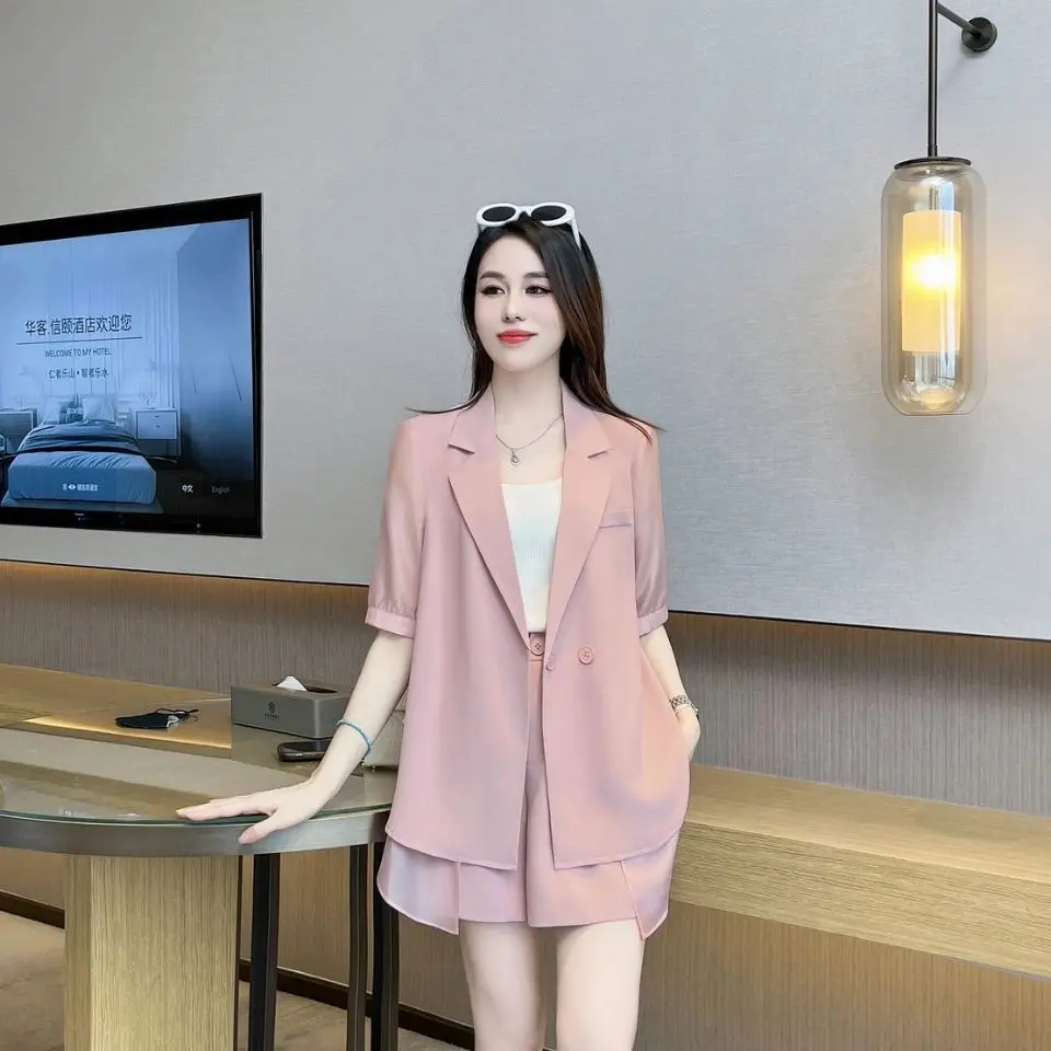 

Trend 2025 Office Solid Color Women's Suit Short Sets 2 Pieces Classic Clothing Cheap Offers Female Shorts Chic and Elegant Kit