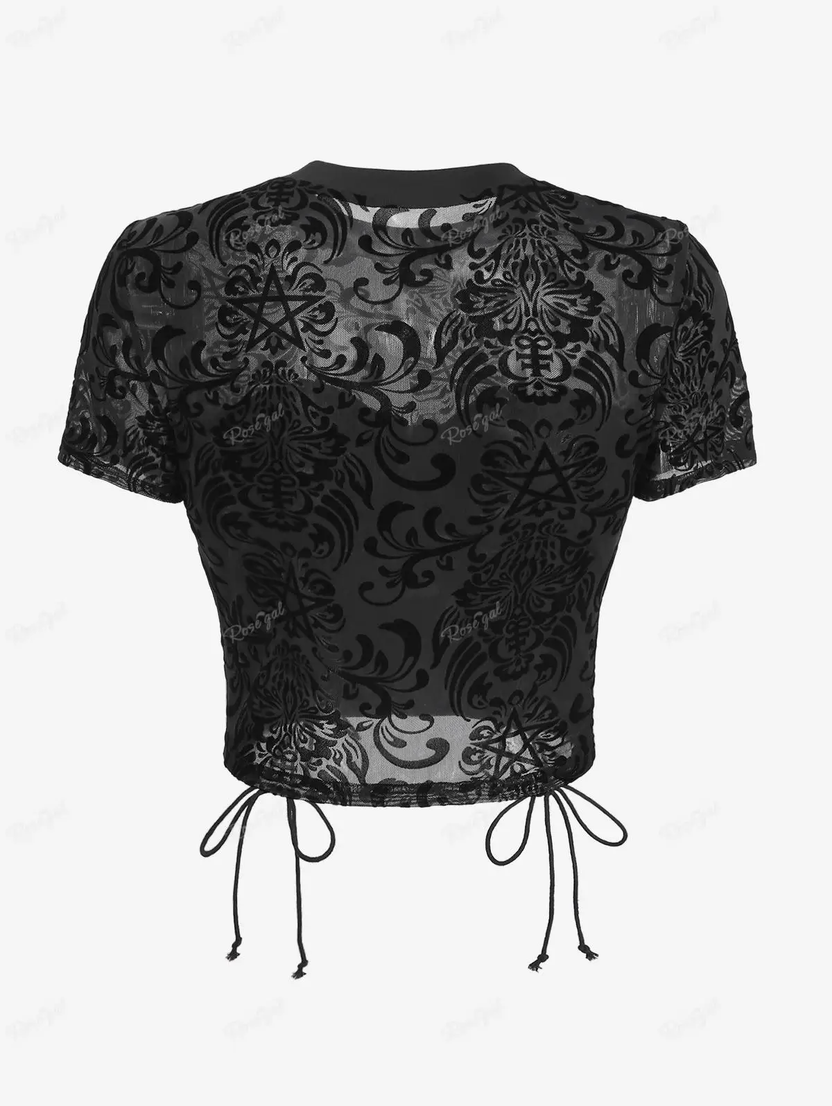 ROSEGAL Gothic Vintage Cropped Tops for Ladies Black Floral Pentagram Mesh Flocking, PU Panel, Lace Up Blouses Plus Size T-Shirt