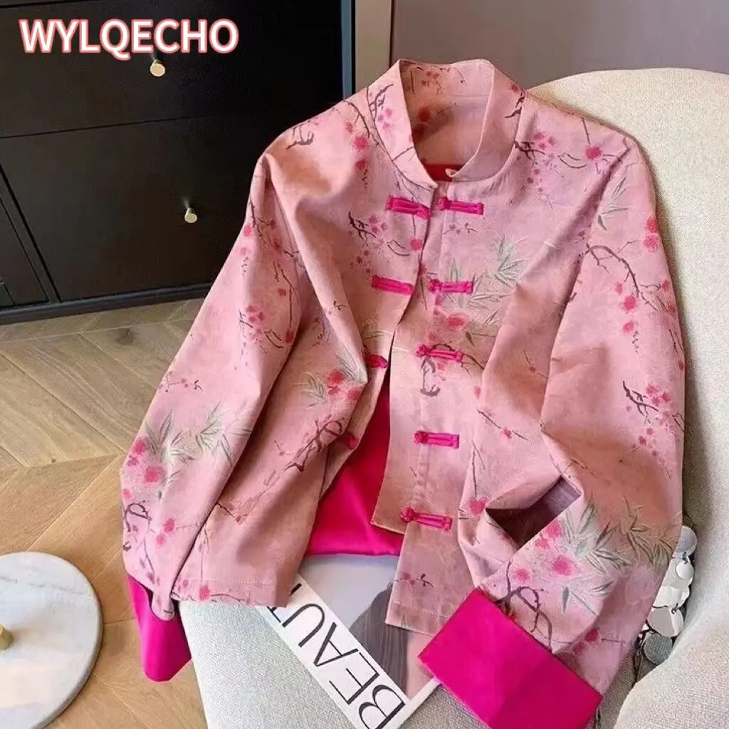 

Improved National Style Vintage Modern Hanfu Embroidery Women Jacket Pink Chinese Tang Suit Top Women Spring Autumn New