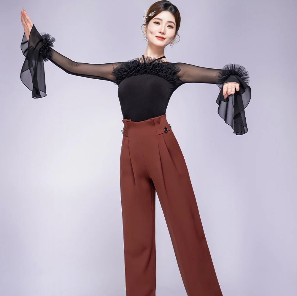 الفالس قاعة الرقص الأعلى الزنجفر الأحمر المرأة الجديدة الرقص بذلة طويلة الأكمام الليتشي مسحوق أسود قاعة الرقص ضيق مشد الخامس الرقبة #6