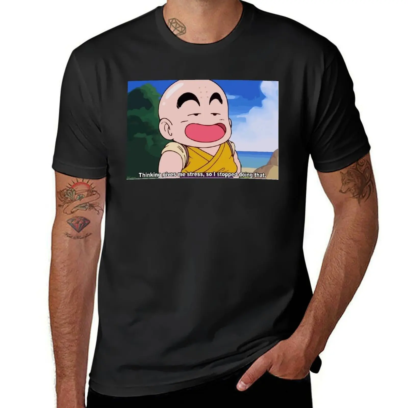 Thinking gives me stress, so I stopped doing that. - Krillin Metal Print T-Shirt graphics mens tall t shirts