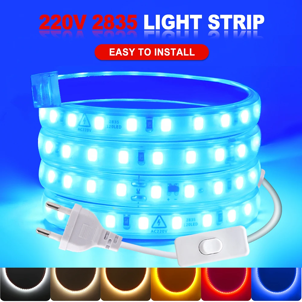 AC 220V 2835 LED Strip Light with Switch EU Plug 5m 20m 30m Warm White Red Green Blue Pink 120 LED Waterproof Flexible Tape 0.5m