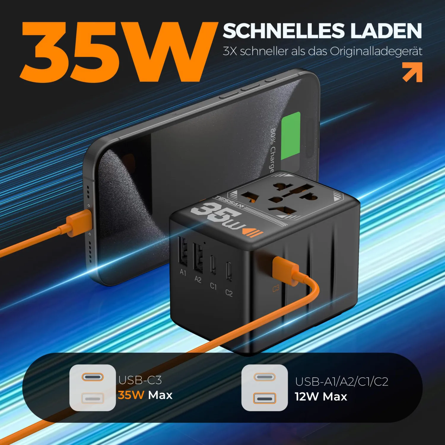 Uniwersalny adapter podróżny TESSAN GaN z wieloma portami USB do szybkiego ładowania Międzynarodowy adapter wtyczki 35W 65W Worldwide Power Outlet — zdjęcie produktu 2