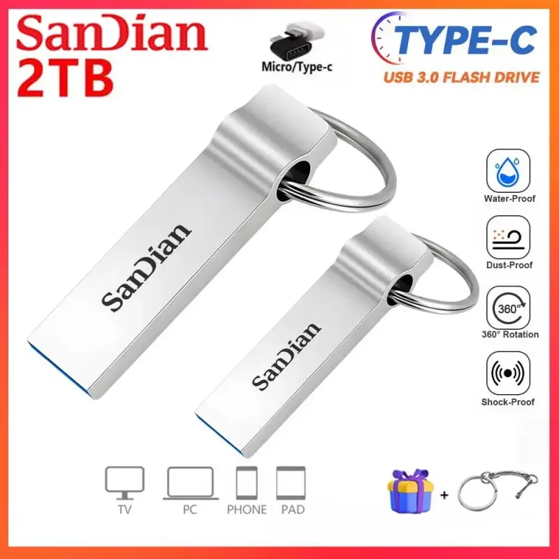 2TB Metalowa pamięć USB3.1 Pendrive USB3.0 Pen Drive 1TB 128GB Szybka pamięć USB 256GB Wodoodporny pendrive OTG Pomysły prezentów