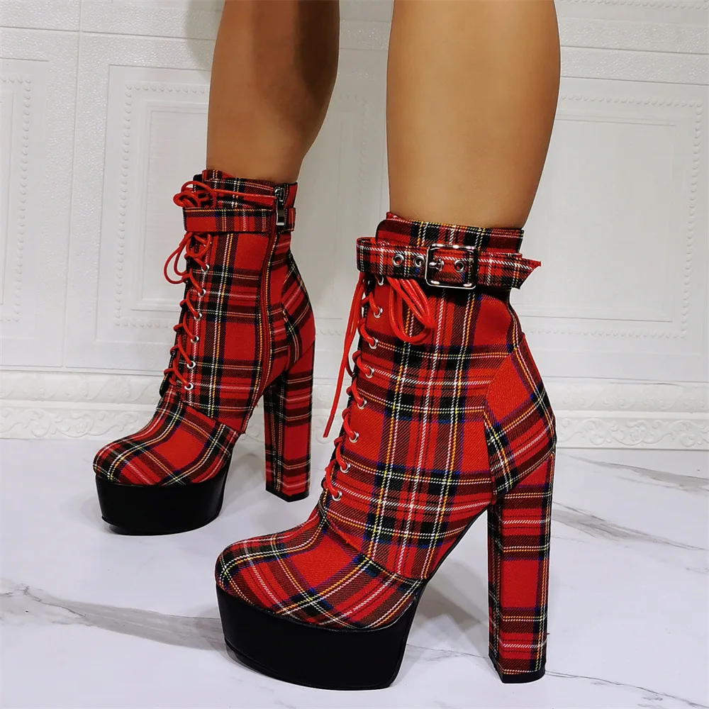 New Red Tartan Design Ankle Boots Lady Fashion Increasing Heel Spring Boots Sexy Female Platform Shoes With Buckle and Strap