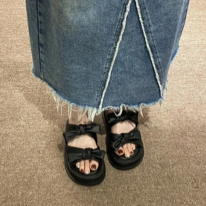 2025 Sandals Black Shoes for Women with Heel Open Toe Med New Beige Bow Thick Fashion Clear Peep Velvet Comfort Medium