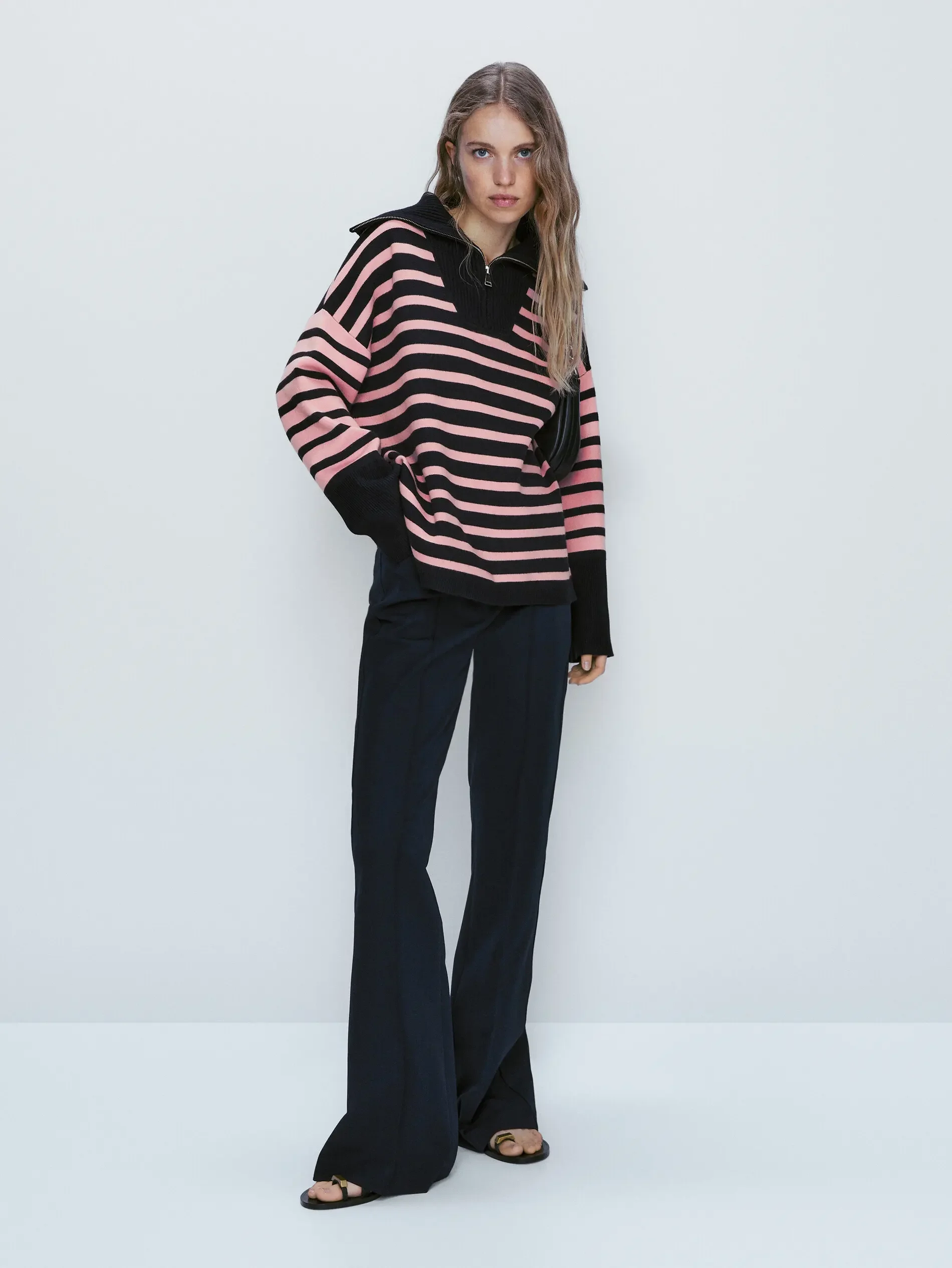 Ethereal MD 2024  autumn new style of Loose inside with patchwork striped zipper turtleneck knitwear