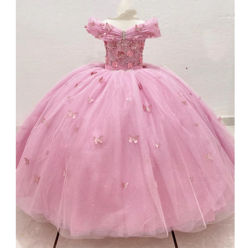 

Pink Tulle Flower Girl Dress for Wedding Sleeveless Floor Length Applique Puffy Kids First Communion Pageant Birthday Ball Gown
