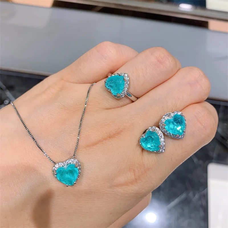 CC Fine Jewelry Sets for Women Pendant Necklace Earring Ring 3pcs Created Topaz Blue Rhinestone Party Accessories Gift