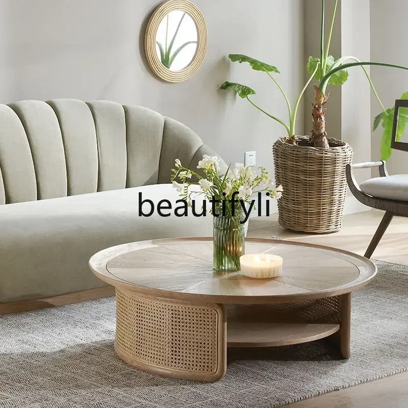 

LJYNordic Solid Wood Tea Table Modern Simple Retro Designer Rattan Small Tea Table for Living Room