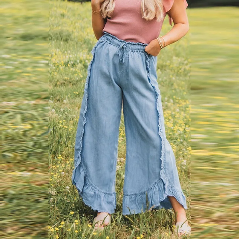 

2025 All-match Ruffle Jeans Women Asymmetric Chic New Fashion Casual Autumn Loose Elastic Waist Water Washed Blue Denim Trouser