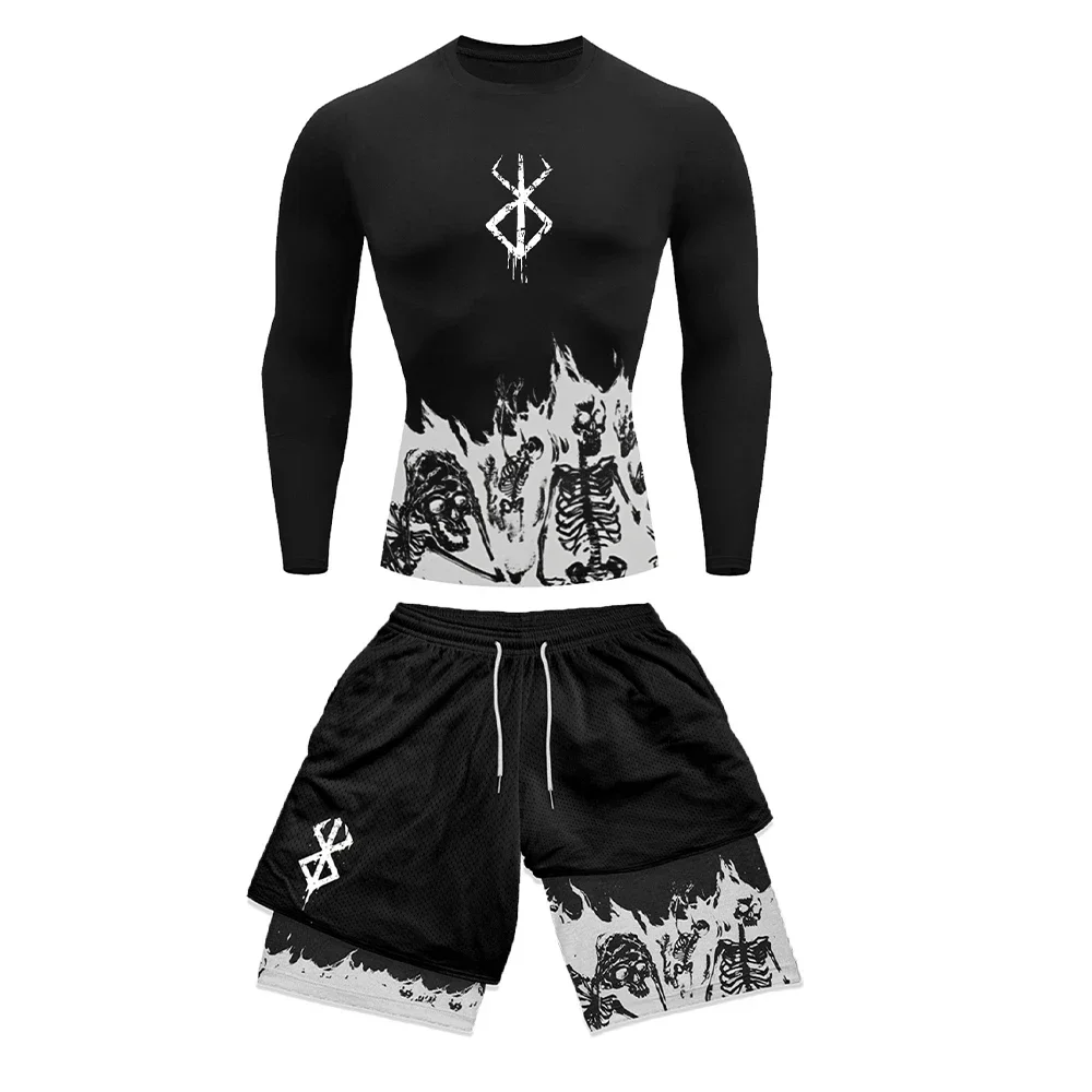 2024 Anime Berserk Guts 3D Printed Men\'s Compression Set Long/short Sleeve Gym Top+Workout Shorts Quick Drying Rash Guard Set