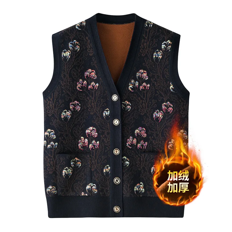 Thicken Warm Middle-aged Mothers Sweater Waistcoat Autumn Winter Sleeveless Grandma Outwear Jacket Add Velvet Women Vest Coat