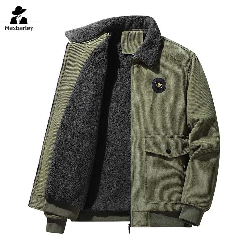 Lamb Fleece Cotton-padded Jacket Men\'s Winter Vintage Corduroy Thickened Warm Jacket Street Fashion Motorcycle Cold-proof Coat