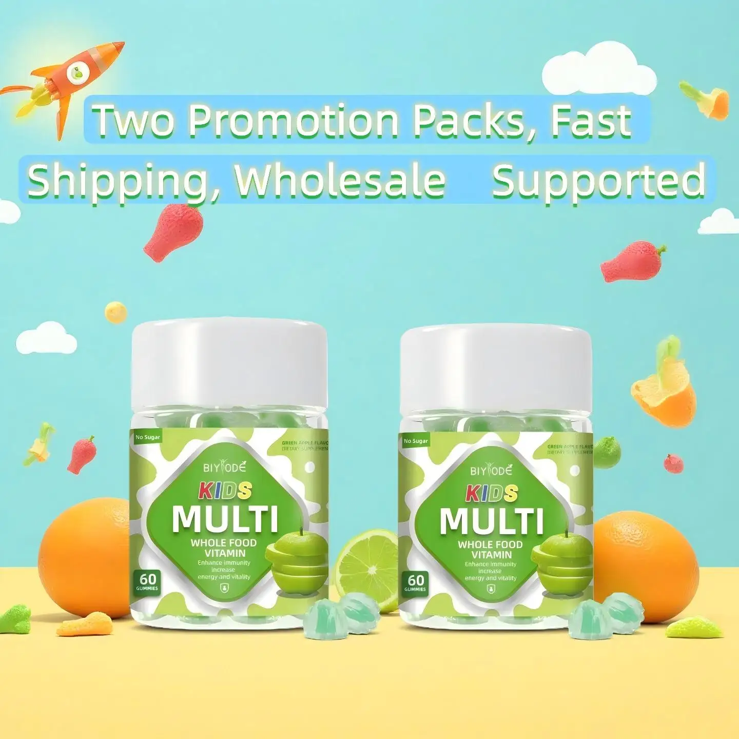 

Детские мультивитаминные жевательные конфеты BIYBODE, 2 упаковки, 120 жевательных конфет, аромат зеленого яблока без добавления сахара, поддержка иммунитета для детей