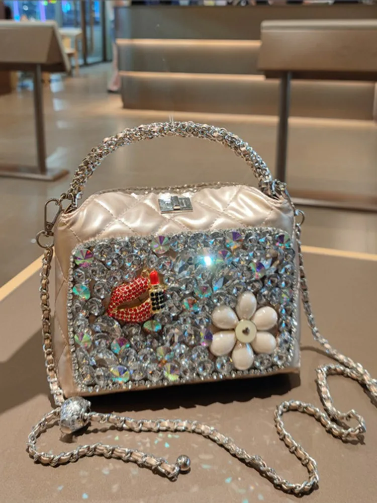 جديد إمرأة غلق بمشبك موضة الماس البقرة انقسام حقيبة يد جلدية السيدات سلسلة الماس شبكة مربع صغير الكتف Crossbody حقيبة تحت الإبط #6