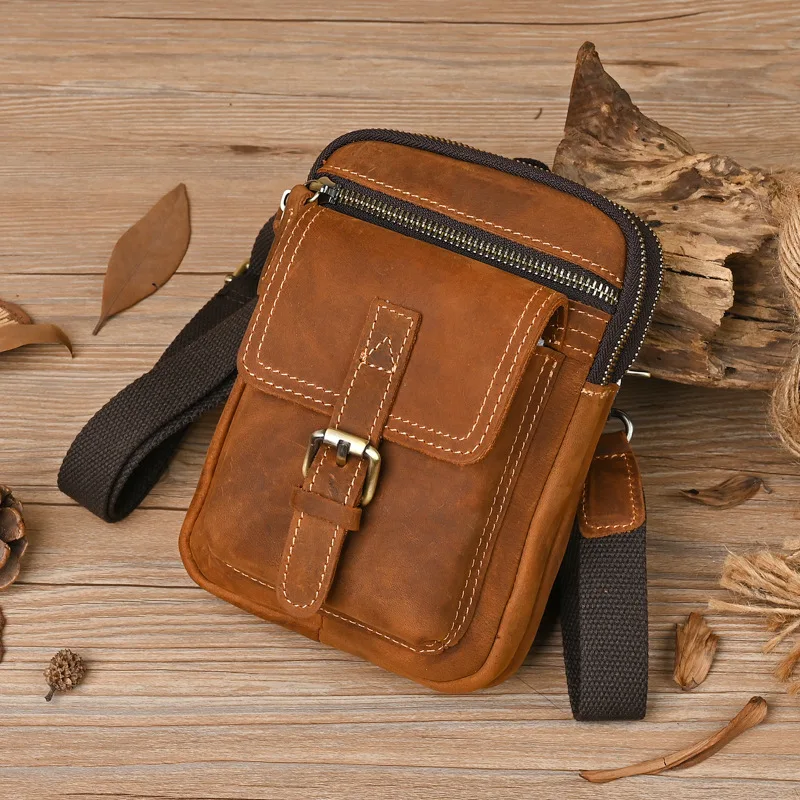 Handmade Crazy  Leather Single Shoulder Slant Crossbody Bag Vintage Waist Bag for Men Cowhide Leather Mobile Phone Bag