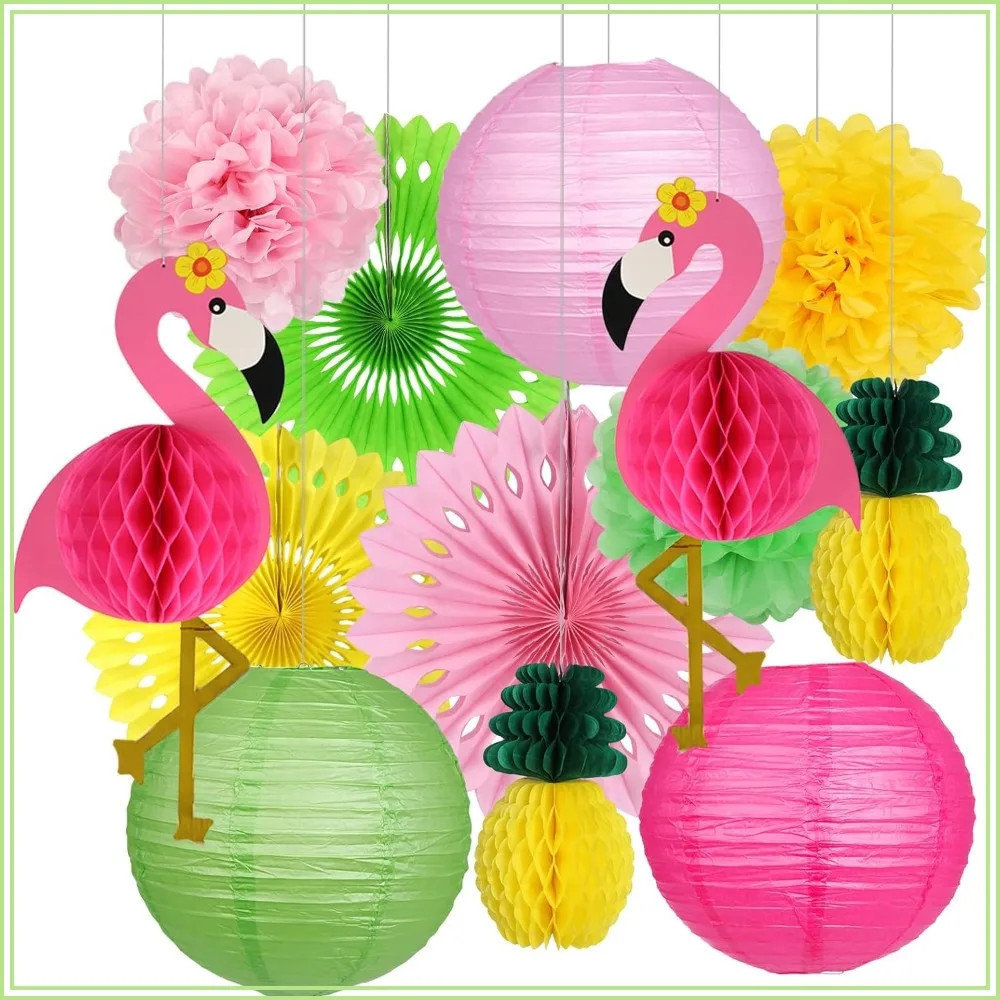 

Hawaiian Party Decorations Flamingo & Pineapple Honeycomb Balls, Paper Fans, Pom Poms for Luau Tropical Birthday
