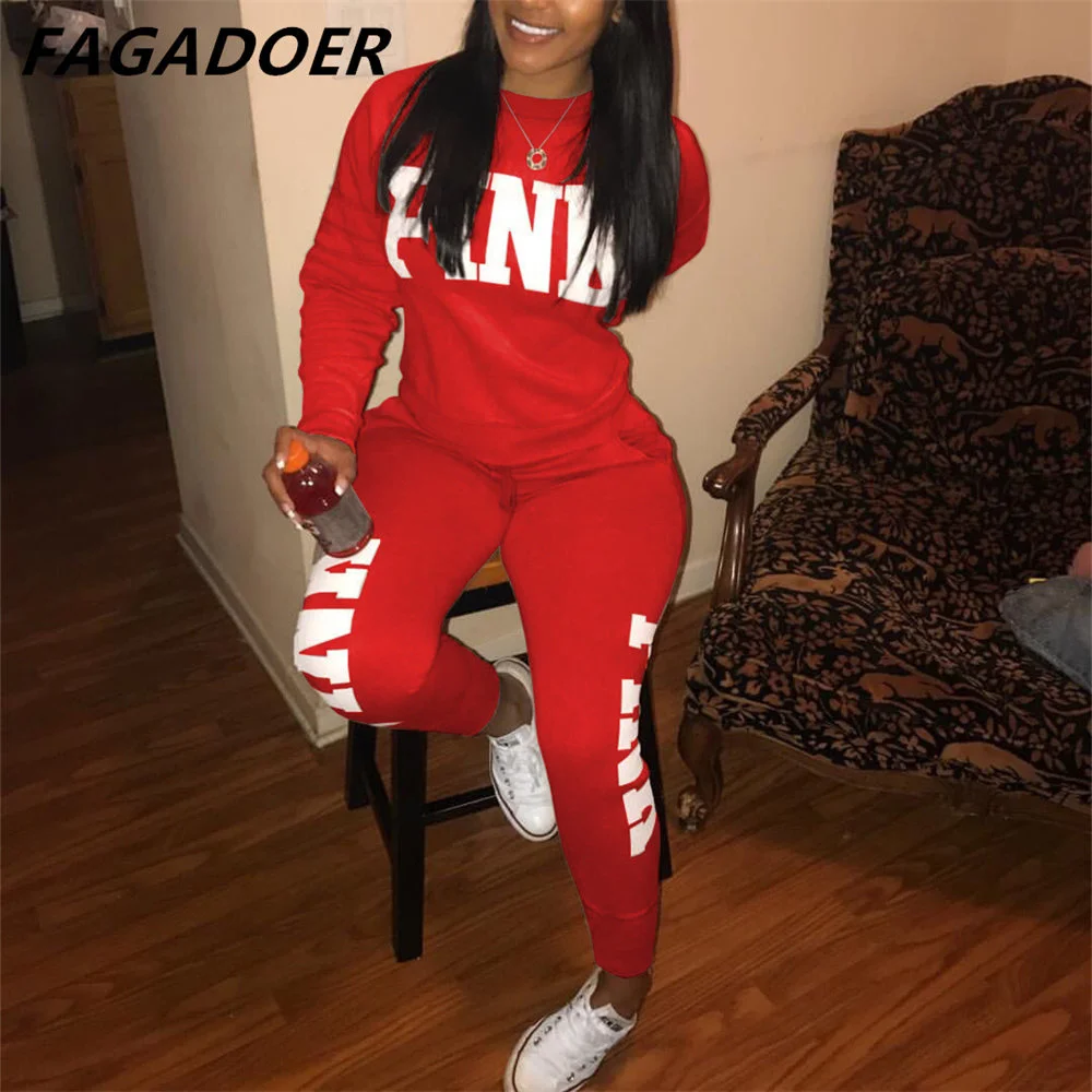 FAGADOER Casual rosa lettera stampa Top e pantaloni due pezzi set autunno inverno O collo manica lunga abiti coordinati Streetwear femminile