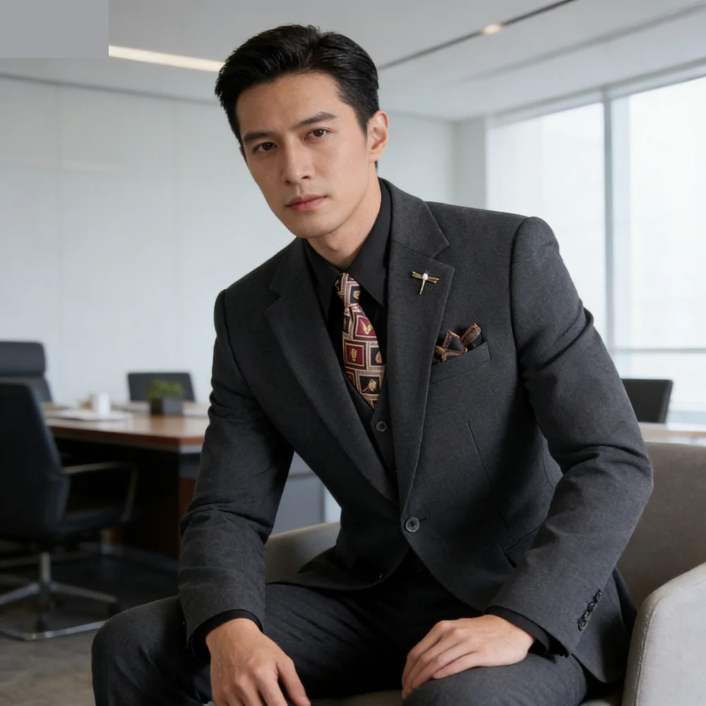 

Men's Professional Business Suit Set - Black Jacket Waistcoat Trousers Wedding Formal Attire