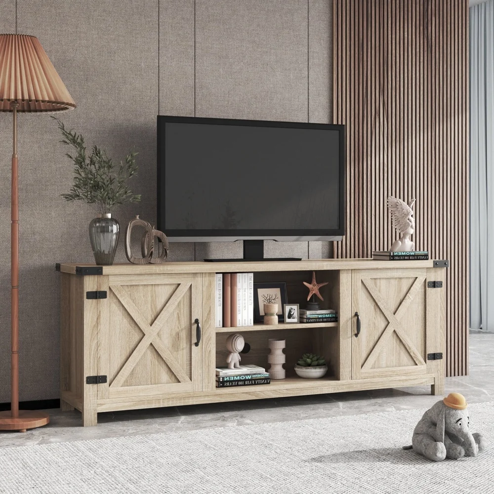 58 Inch Rustic Barn TV Stand 65 Inch TVs Adjustable Shelves Ample Storage Cable Management Durable Oak MDF Wood