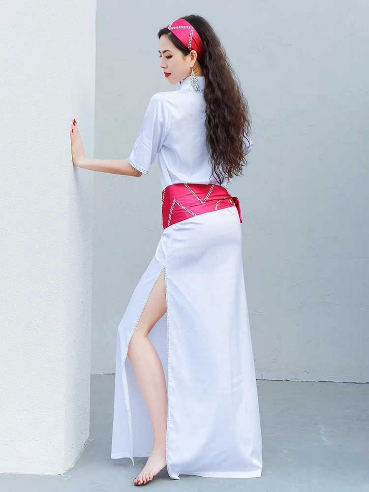 مرحلة الأداء النساء فستان رقص البطن الساتان بلدي فستان Saidi قطعة واحدة فساتين الفتيات الزي الشعبي رداء طويل الأبيض 4 قطعة مجموعة #2