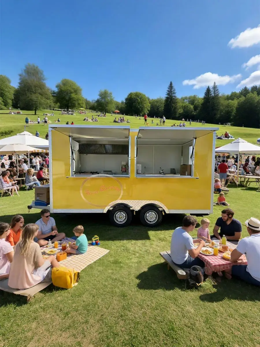 

Outdoor Food Trailer Main Body in Vibrant Yellow with Silver Trim Dual-Wheel Base Support Legs And Two Fold-Out Service Windows