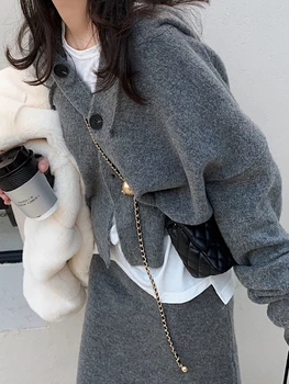 אלגנטי סריגה 2 חתיכה נשים סט מעיל שרוול ארוך + חצאית מיני 2023 חורף וינטג 'משרד גברת קוריאנית חליפה