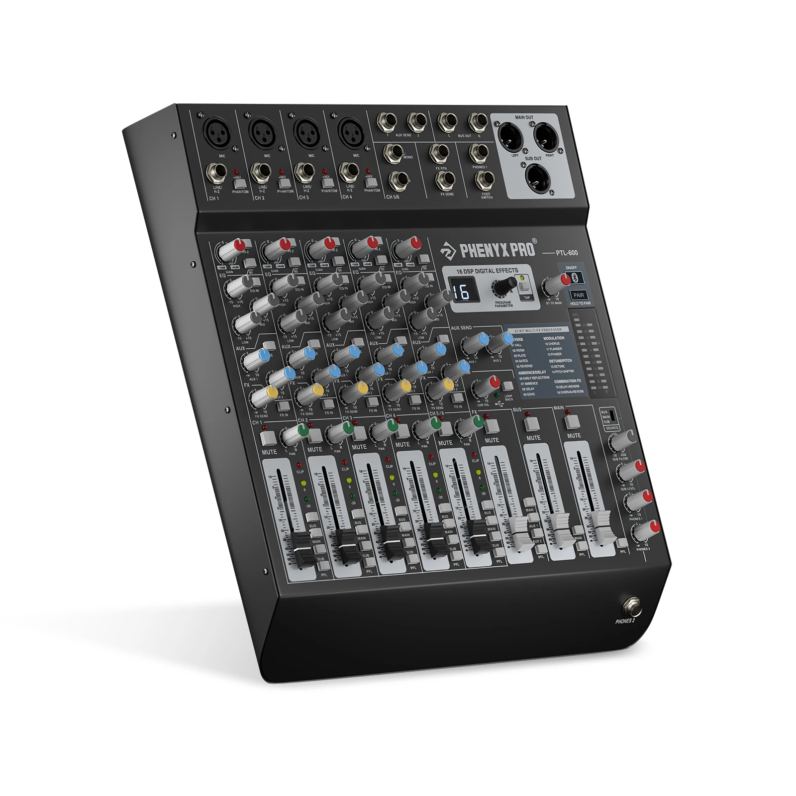 

Phenyx Pro 6-Channel Audio Mixer w/ AUX, BUS, SUB, 16 DSP, BT&USB, PTL-600 Mixing Console for Stage, Home Studio