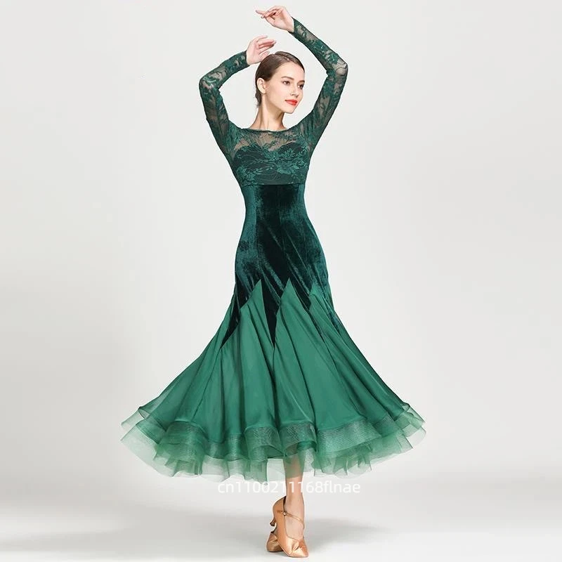

New Modern Dance Skirt National Standard Dance Dress Lace Long Sleeve Dress Stage Performance Dress for Women