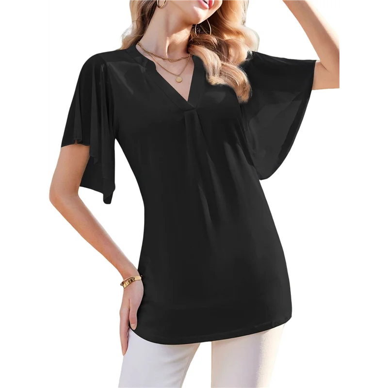 ABP-Women's Short Sleeve V Neck Blouses Shirts Floral Double Layers Mesh Tunics Tops