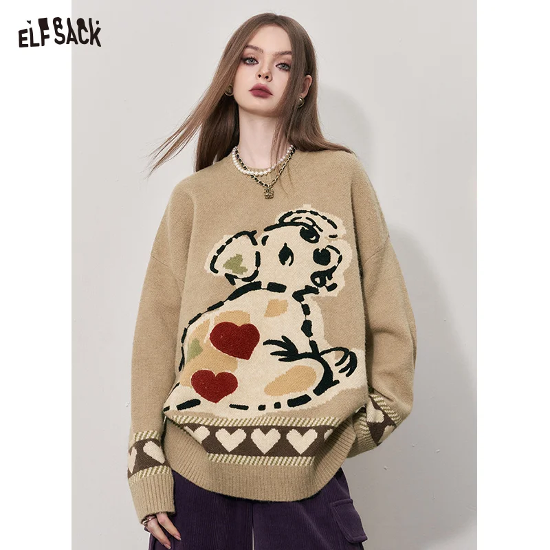 ELFSACK Kawaii Dog Pullover Sweaters Women 2023 Winter Loose Basic Daily Tops