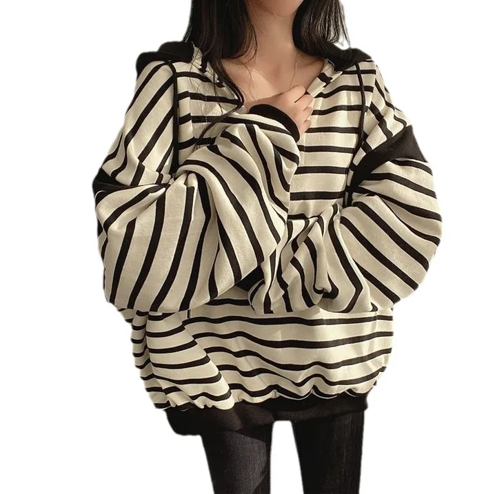 Sudadera con capucha coreana Sle V-Ne a rayas, sudadera larga de corte holgado para mujer, jersey informal redondo Ne para primavera, otoño e invierno...