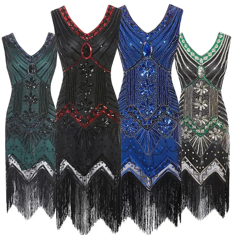 ชุด Gatsby เลื่อม Flapper แขนกุดผู้หญิงชุดวินเทจ Retro 1920s Great Dancing Party Prom พู่ Hem Dress