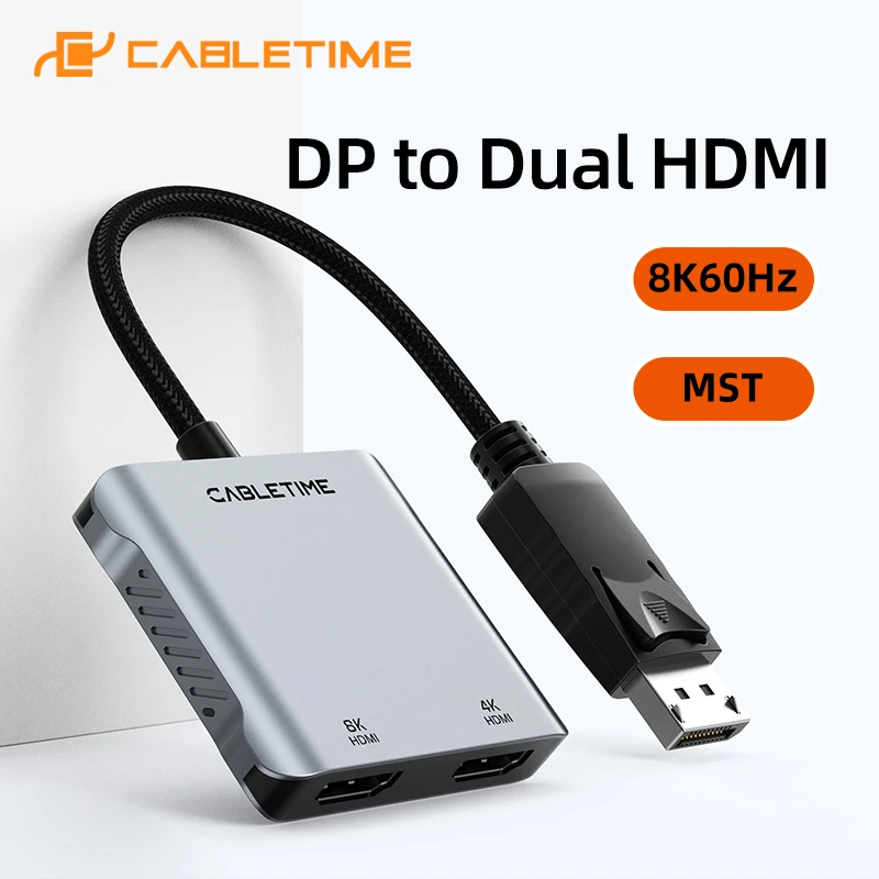

Адаптер CABLETIME Displayport на два HDMI-порта, 8K MST, 4K@60Hz, подключение двух дисплеев, UHD, LED-подсветка, DP на HDMI для док-станции, для ноутбуков Mac