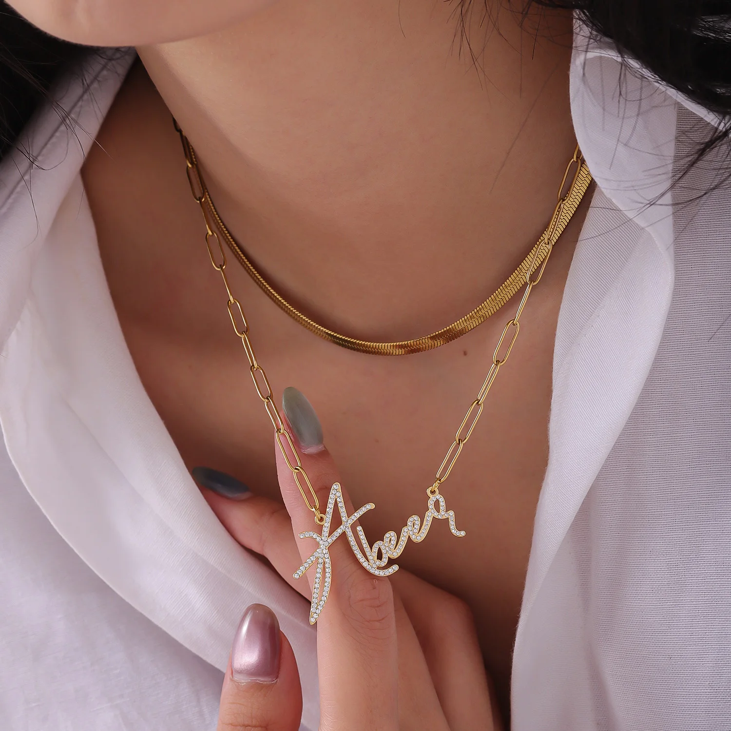 

Custom Handwritten Zircon Name Necklace Double Layer Stackable Snake Chain 18K Gold Plated Stainless Steel Christmas Gift