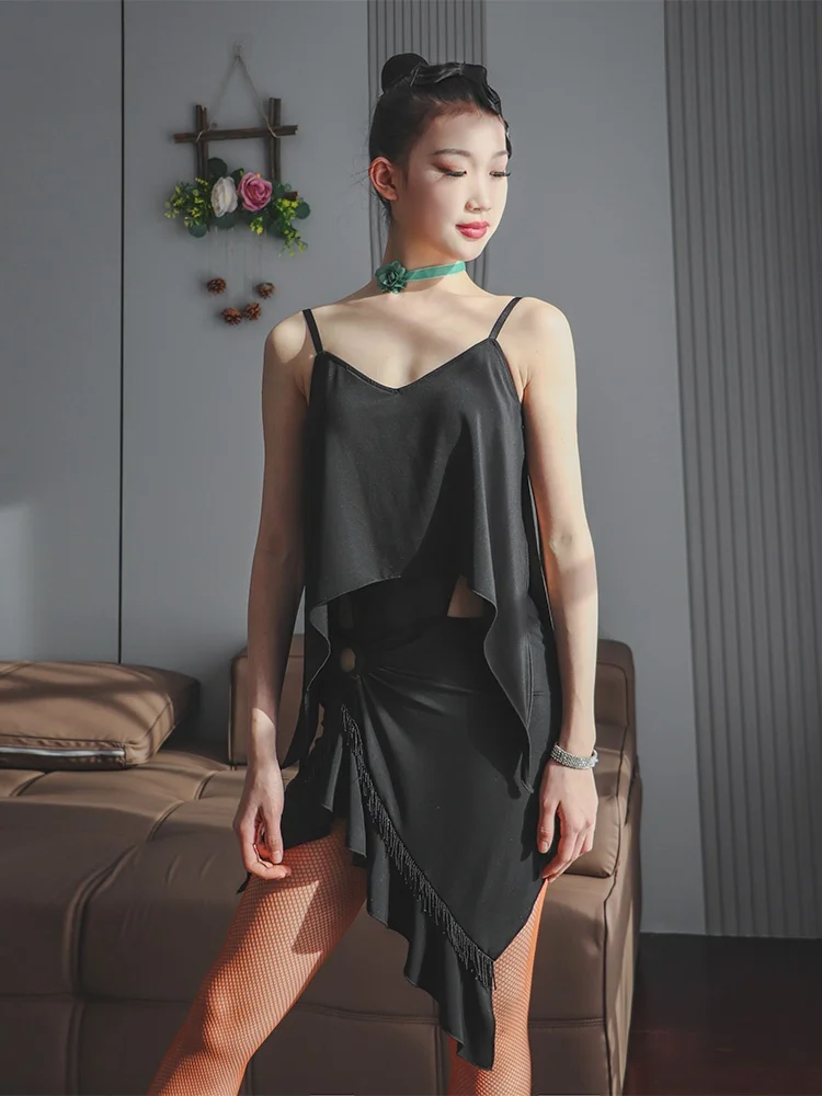 

Летний латинский тренировочный костюм на бретельках, танцевальный костюм с открытыми плечами, национальная стойка для практики, orm, асимметричный дизайн