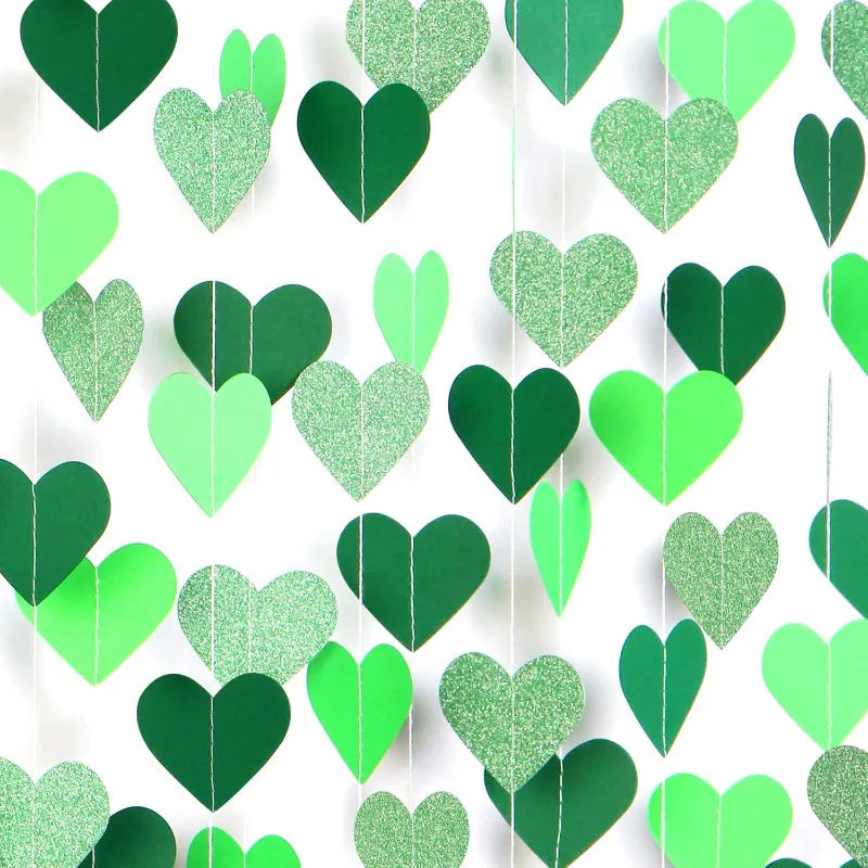 Green Heart Paper Hanging Garland Streamers Backdrop for St Patricks Day Spring Summer Birthday Wedding Baby Shower Decorations