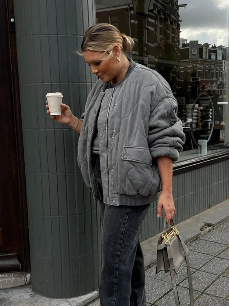 HH نساء 2025 شتاء موضة جديدة متعددة الاستخدامات فضفاضة مبطنة دافئة القطن معطف قصير أنثى بسيطة طويلة الأكمام انغلق Bomber سترة #3