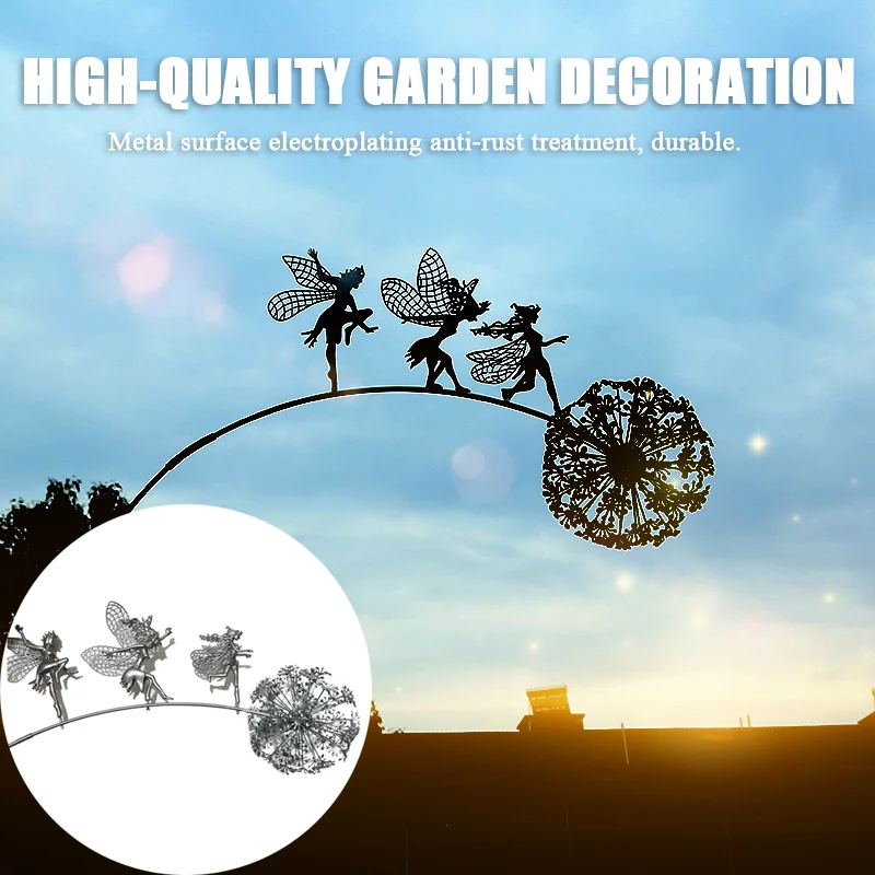 Pixies Fairy Garden Sculptures Stake Fairies and Dandelions Dance Together Landscape Metal Miniature Figurine Lawn Decorative