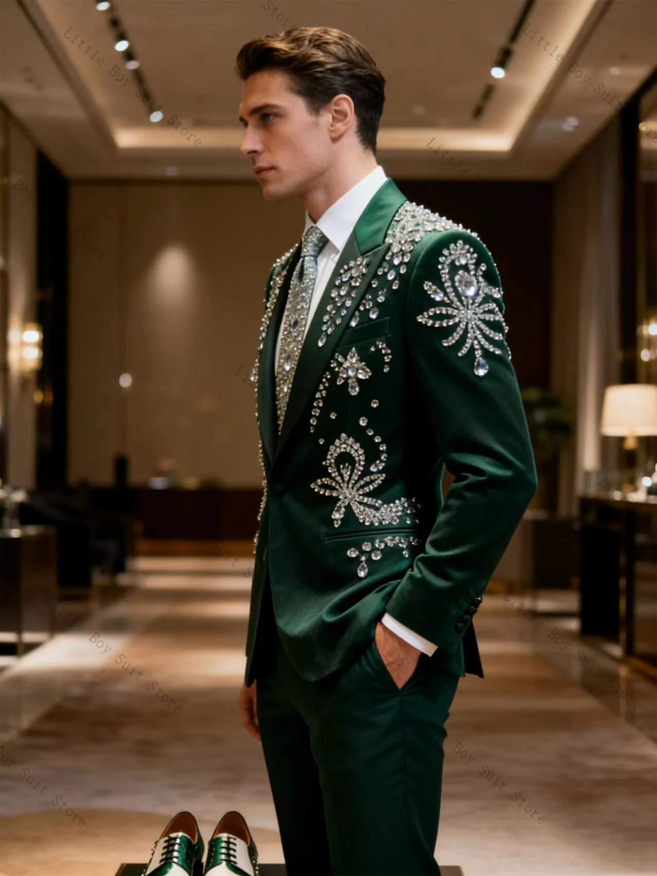 

Crystals Green Velvet Men Suit Set 2 Pieces Jacket Blazer+Pants Trousers Wedding Tuxedo Formal Office Party Coat Customized