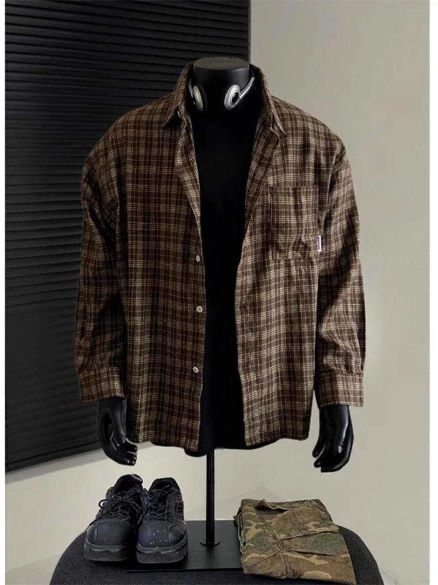 

Retro American Plaid Long Sve irt Collared Coat for Men And Women Spring Autumn Wear Floing Cardigan Outerwear