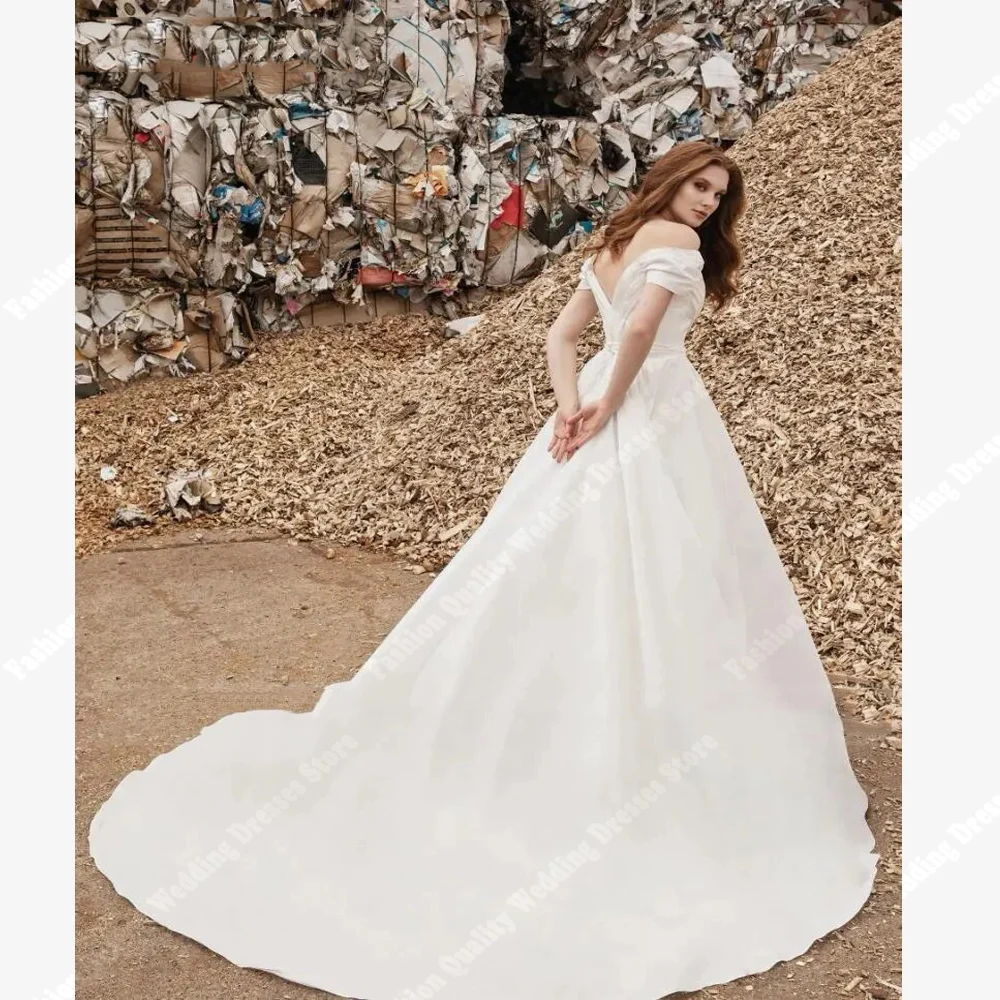 Vestidos De novia con hombros descubiertos y cuello en V para mujer, Vestidos De novia con superficie satinada, longitud para fregar, Vestidos De fiesta personalizados