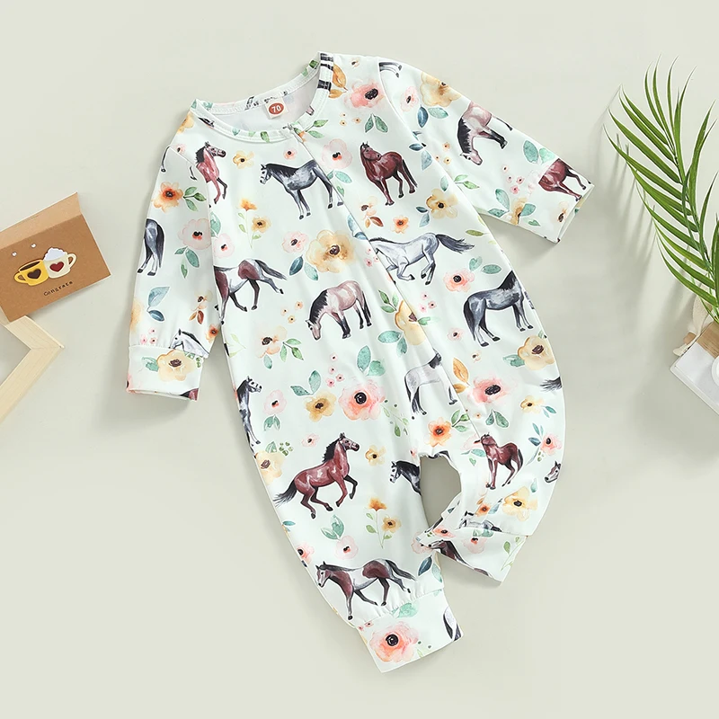 Infant Rompers Baby Jumpsuit Fashion Girls Boys Horse Floral Print Long Sleeve Crew Neck Oblique Zipper Clothes Newborn Clothing